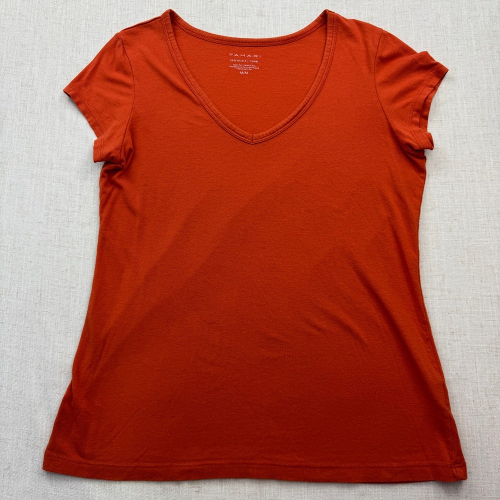 Tahari V-Neck T-Shirt Womens Medium Burnt Orange Pima Cotton Essentials Tee